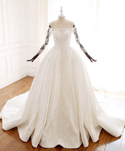 Off-Shoulder A-Line Floor-Length Satin Gown Wedding Dress with Lace Appliqué