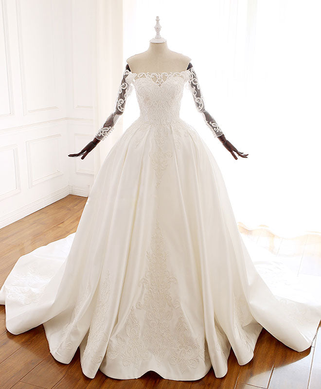 Off-Shoulder A-Line Floor-Length Satin Gown Wedding Dress with Lace Appliqué