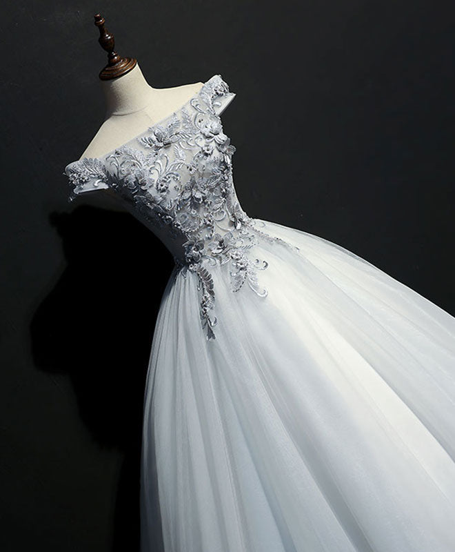 Off-Shoulder A-Line Floor-Length Tulle Prom Dress with Lace Appliqué