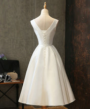 A-Line White V-Neck Tea-Length Satin Prom Dress with Clean Pleated Skirt