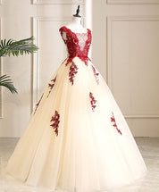Ball Gown Ivory Illusion Neck Floor-Length Tulle Dress with Red Lace Appliqué Prom Dress