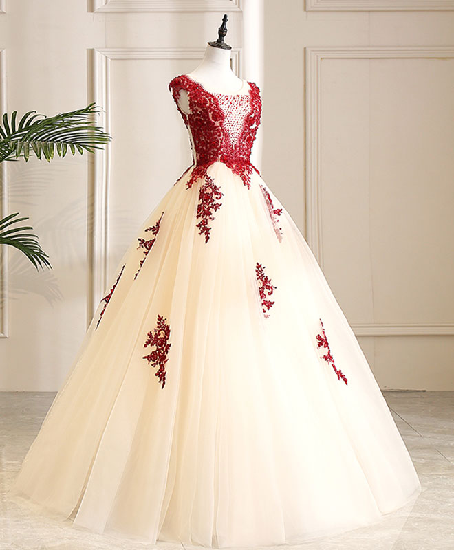 Ball Gown Ivory Illusion Neck Floor-Length Tulle Dress with Red Lace Appliqué Prom Dress