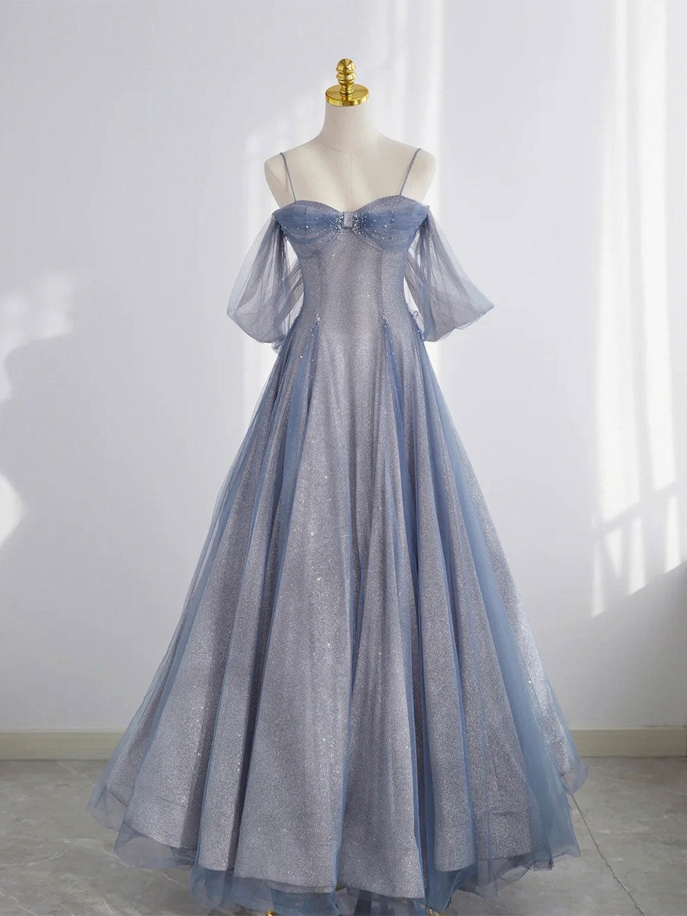 A-Line Dusty Blue Sweetheart Floor-Length Tulle Prom Dress with Sequin Shimmer
