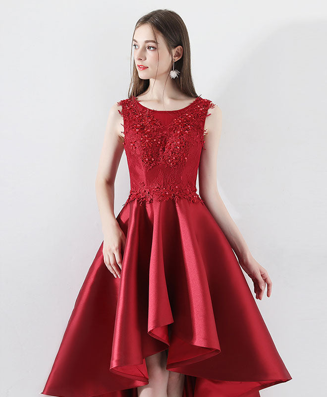 A-Line Sleeveless Scoop Neck High-Low Red Satin Homecoming Dress with Lace Bodice