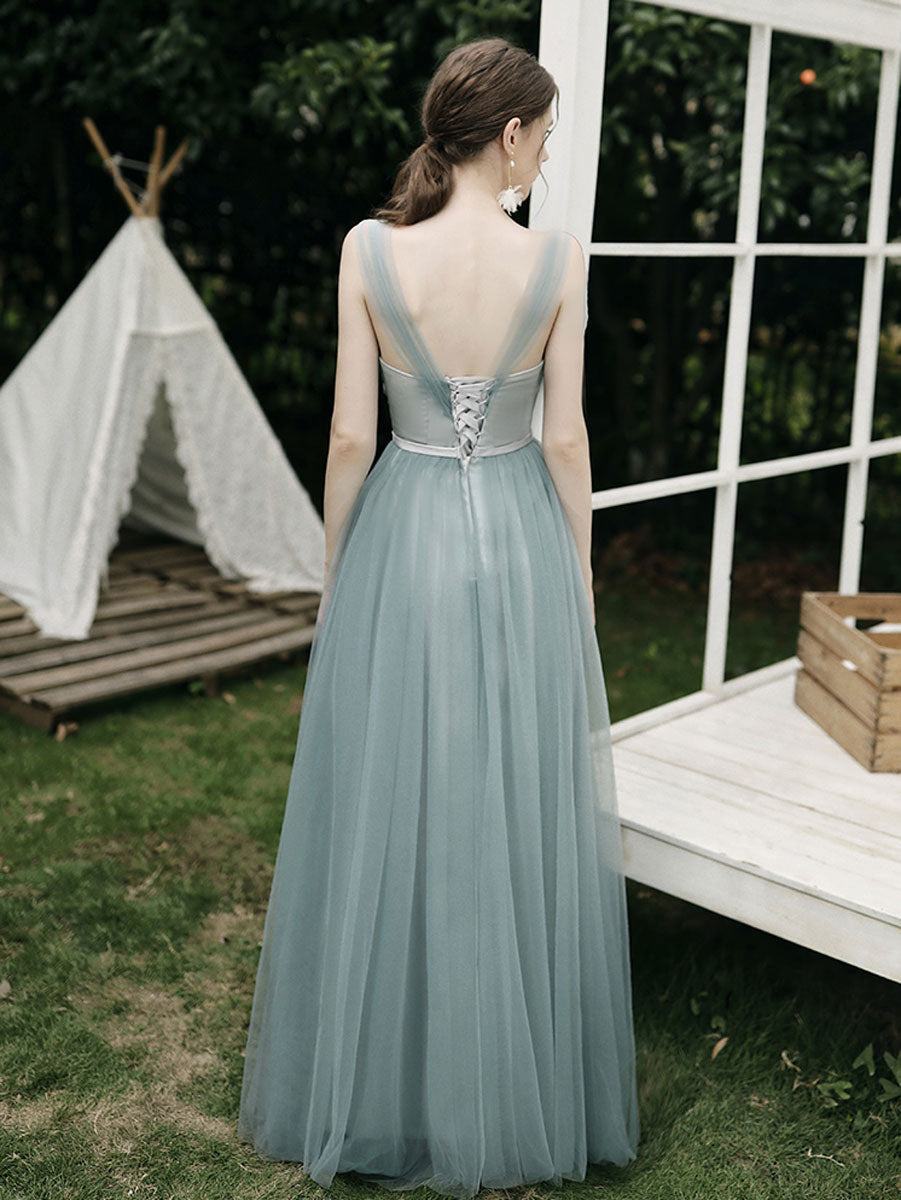 A-Line Dusty Blue One-Shoulder Floor-Length Tulle Prom Dress with Draped Bodice