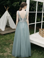 A-Line Dusty Blue One-Shoulder Floor-Length Tulle Prom Dress with Draped Bodice