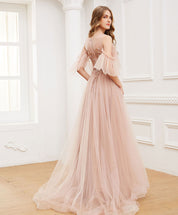 A-Line Blush Illusion Neck Floor-Length Tulle Prom Dress with Beaded Sequin Embroidery