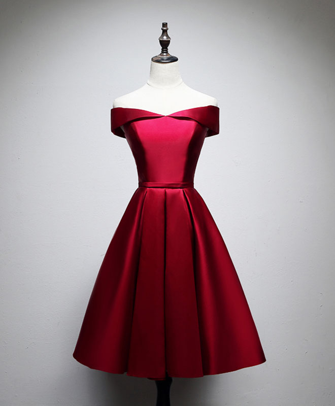 Off-Shoulder Sweetheart Satin Knee-Length Burgundy Homecoming Dress