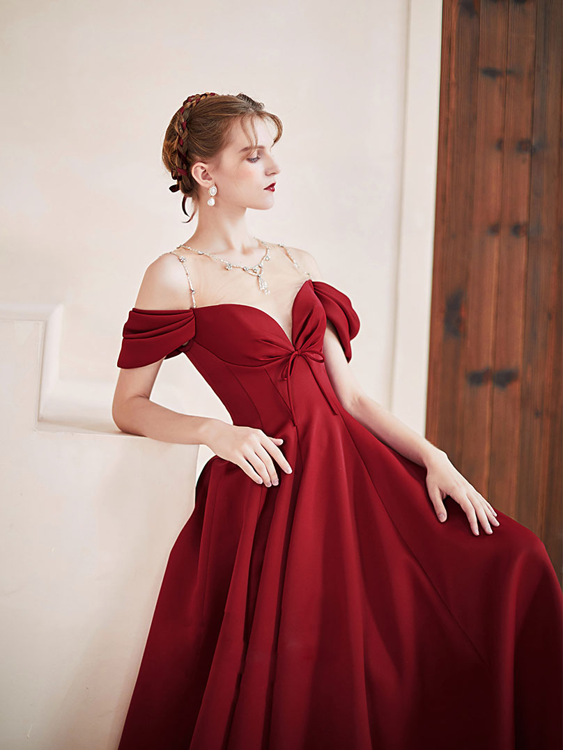A-Line Burgundy Illusion V Neck Floor-Length Satin Prom Dress with Embellished Neckline