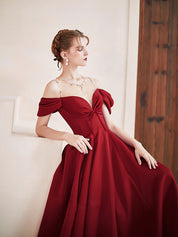 A-Line Burgundy Illusion V Neck Floor-Length Satin Prom Dress with Embellished Neckline