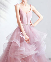 A-Line Spaghetti Straps Floor-Length Tulle Prom Dress with Ruffled Skirt