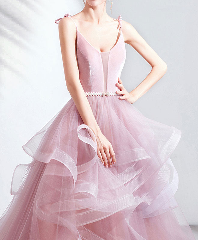 A-Line Spaghetti Straps Floor-Length Tulle Prom Dress with Ruffled Skirt