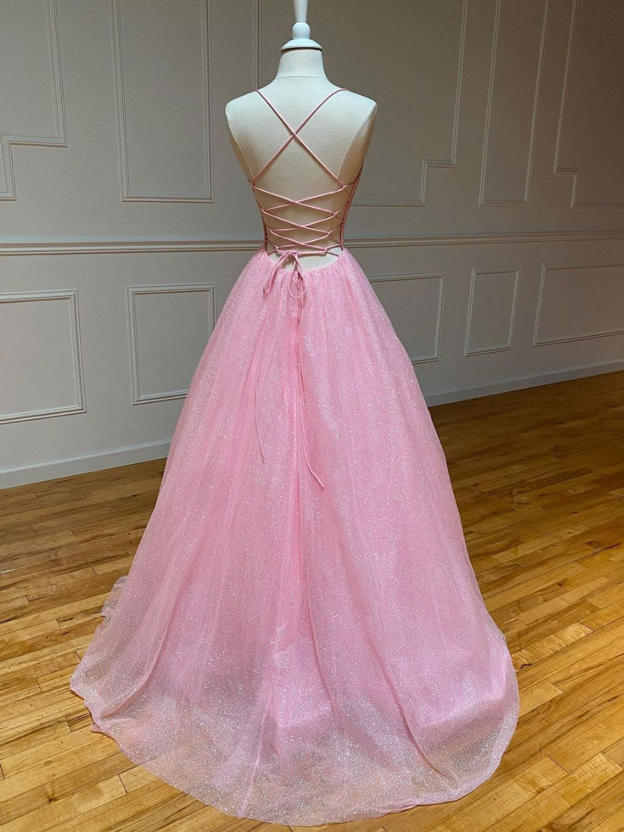 A-Line V-Neck Floor-Length Pink Tulle Sequin Prom Dress with Subtle Shimmer