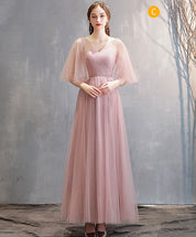 A-Line Blush Pink Off-the-Shoulder Floor-Length Tulle Prom Dress with Pleated Bodice