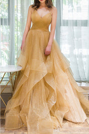 A-Line Champagne V-Neck Floor-Length Tulle Prom Dress with Layered Ruffle Skirt