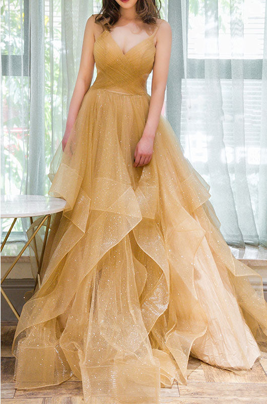 A-Line Champagne V-Neck Floor-Length Tulle Prom Dress with Layered Ruffle Skirt
