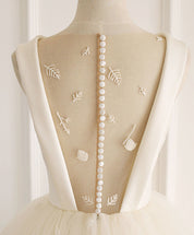 A-Line Bateau Neck Knee-Length Ivory Tulle and Beaded Homecoming Dress with Illusion Back