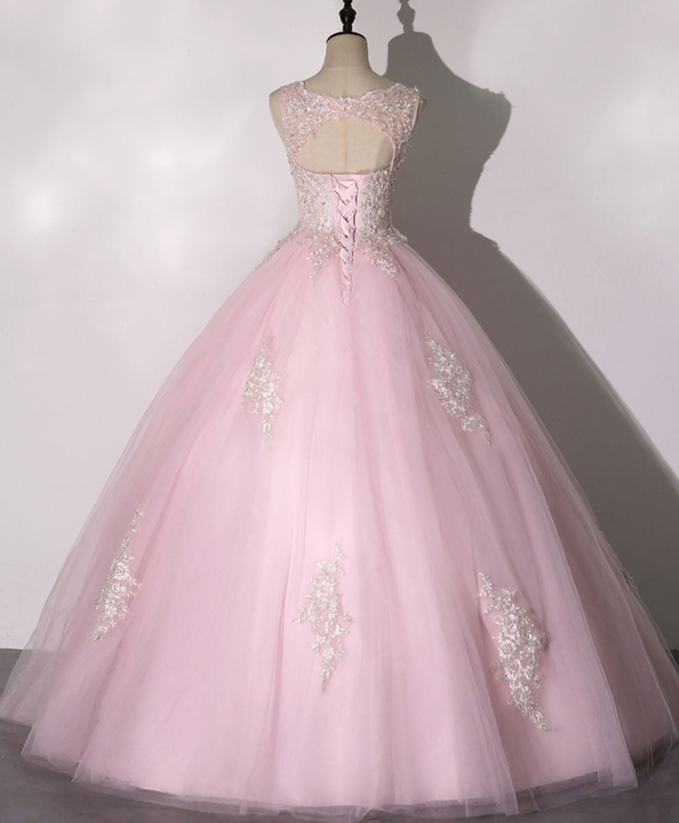 Ball Gown Blush Pink V-Neck Floor-Length Tulle Prom Dress with Lace Appliqué and Soft Glitter Accents