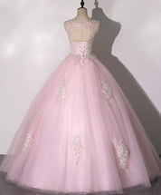 Ball Gown Blush Pink V-Neck Floor-Length Tulle Prom Dress with Lace Appliqué and Soft Glitter Accents