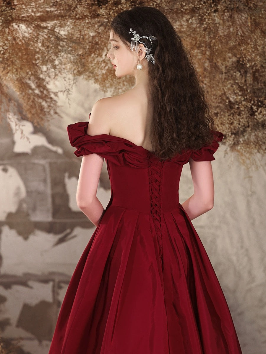 A-Line Off Shoulder Satin Burgundy Long Prom Dress, Burgundy Long Formal Dress