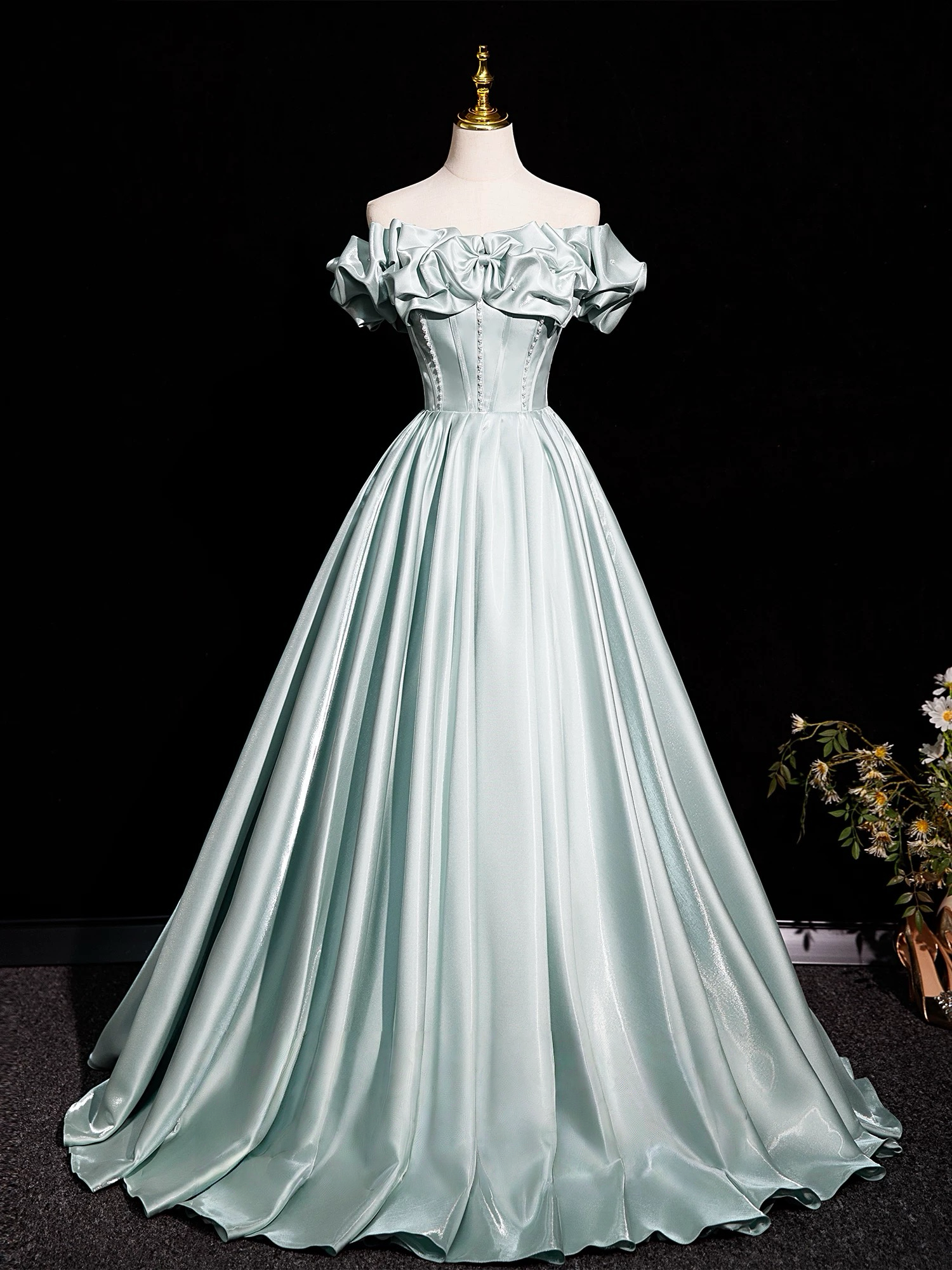 A-Line Off Shoulder Satin Light Green Long Prom Dress, Light Green Long Formal Dress