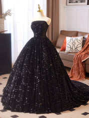 A-Line Velvet Sequin Black Long Prom Dress with Lace-Up Back