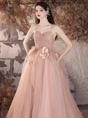 A-Line Blush Sweetheart Neck Floor-Length Tulle Prom Dress with Spaghetti Straps and Floral Waist Detail
