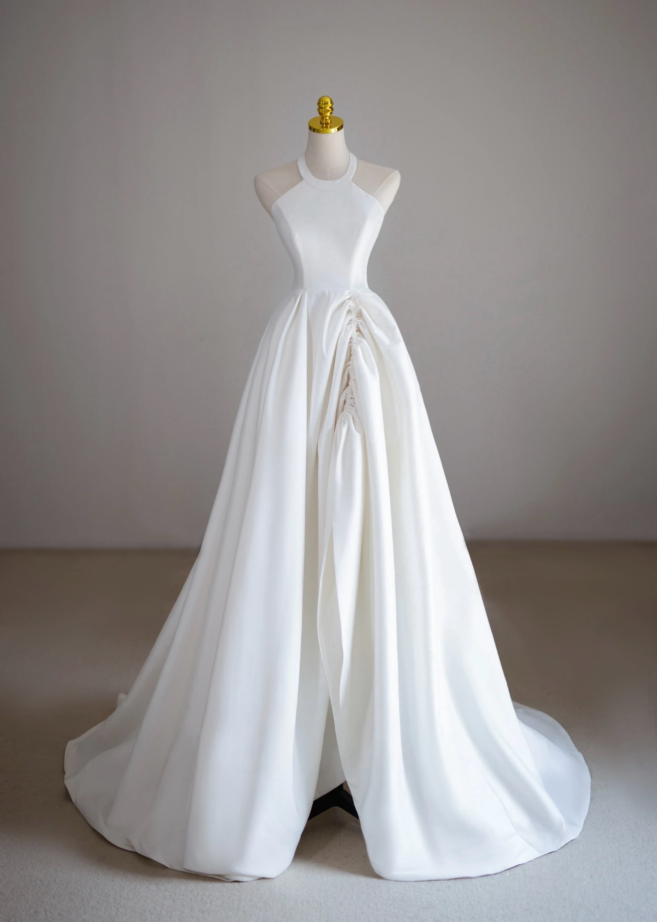 A-Line Halter Neckline Floor-Length Ivory Satin Prom Dress