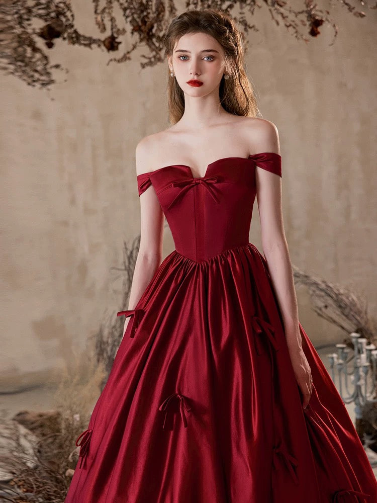 A-Line Off Shoulder Satin Burgundy Long Prom Dress, Burgundy Formal Dress