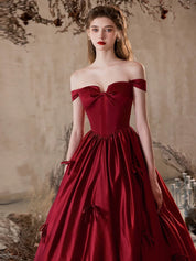 A-Line Off Shoulder Satin Burgundy Long Prom Dress, Burgundy Formal Dress