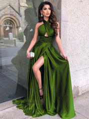 A-Line Halter Neck Floor-Length Black Satin Prom Dress with Cutout Bodice and Thigh-High Slit