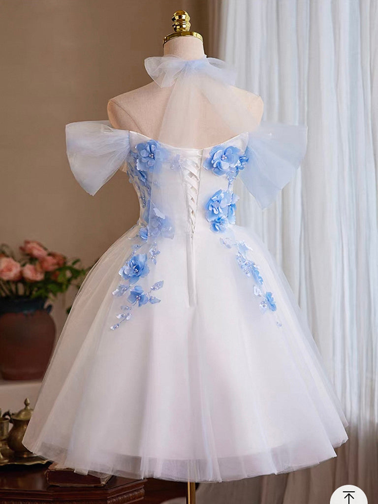 Off-Shoulder White Tulle Homecoming Dress with Blue 3D Floral Appliqués