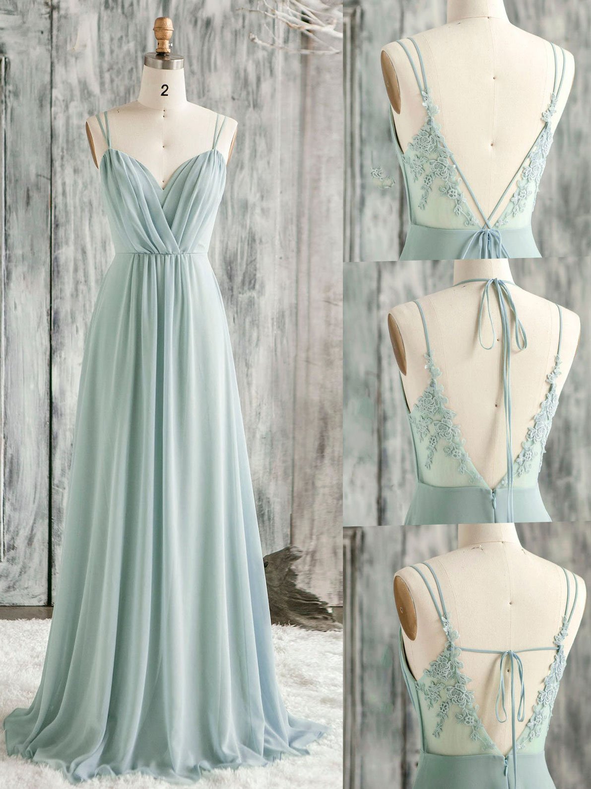 A-Line V-Neck Floor-Length Light Blue Chiffon Prom Dress with Lace Appliqué