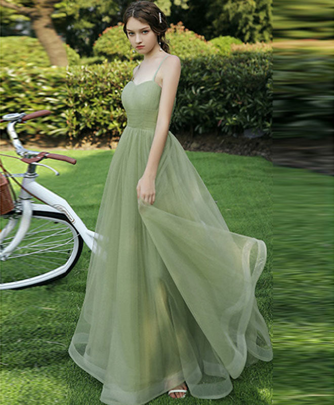 A-Line Sweetheart Neck Floor-Length Tulle Prom Dress in Sage Green
