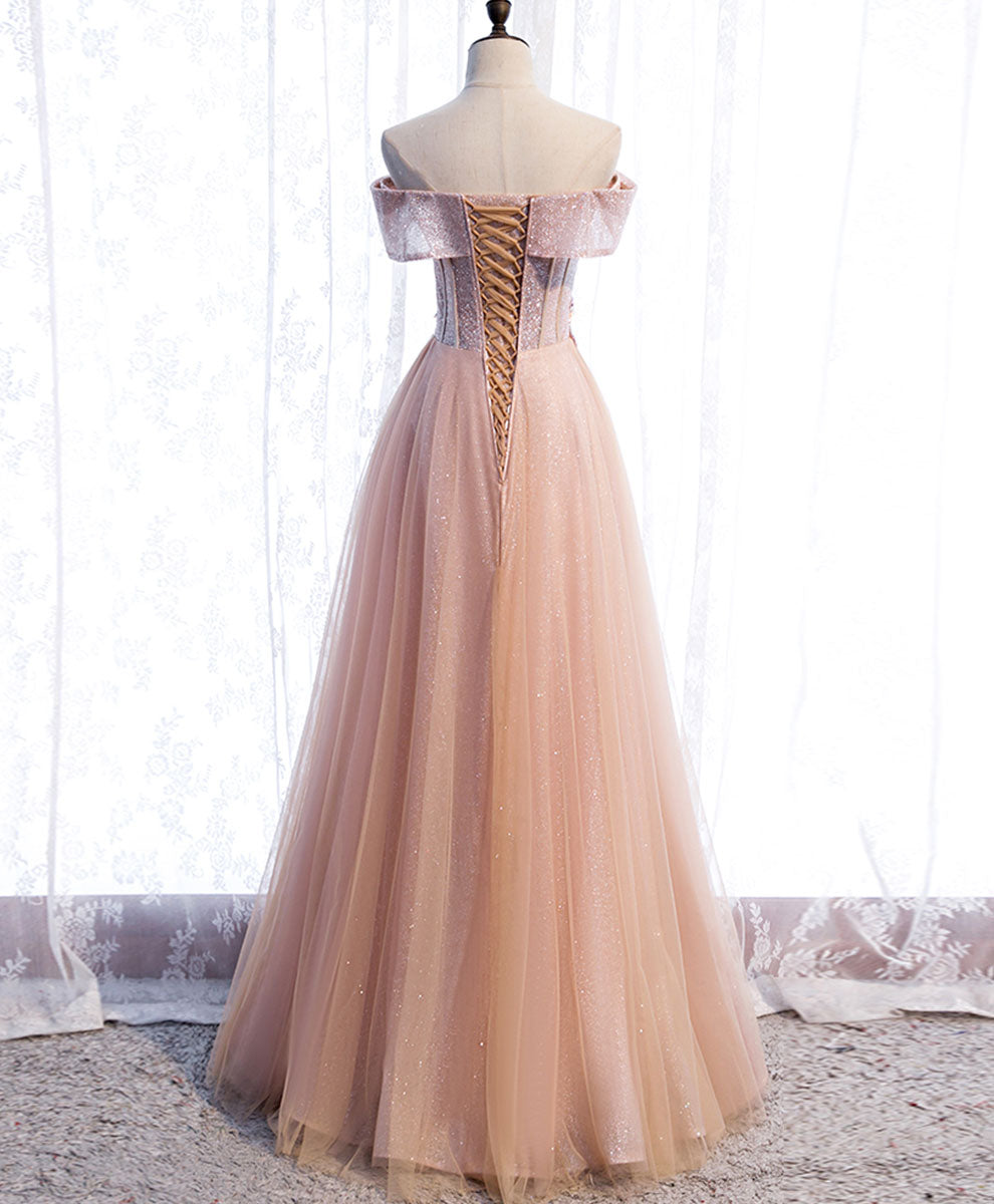 A-Line Off-the-Shoulder Floor-Length Blush Tulle Lace Prom Dress with Floral Appliqué