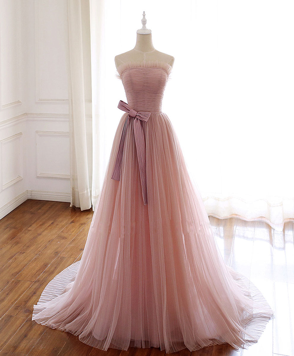 A-Line Strapless Floor-Length Blush Pink Tulle Prom Dress with Waist Bow Detail