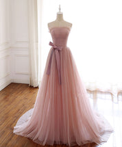 A-Line Strapless Floor-Length Blush Pink Tulle Prom Dress with Waist Bow Detail