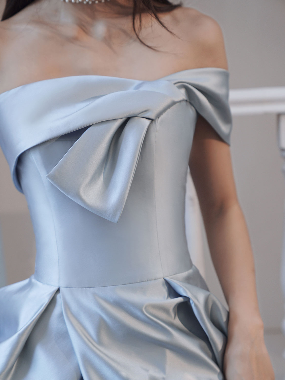 A-Line Off-the-Shoulder Floor-Length Light Blue Satin Prom Dress with Bow Detail and Front Slit