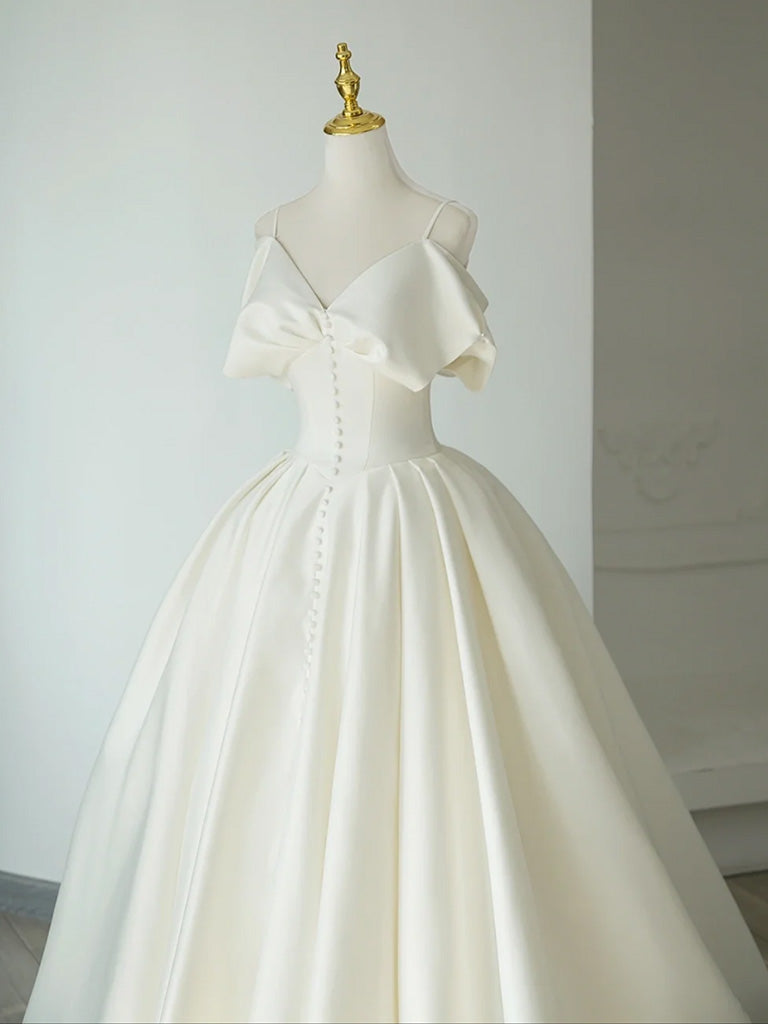 A-Line V Neck Satin ivory Long Prom Dress, ivory Long Formal Dress