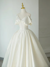 A-Line V Neck Satin ivory Long Prom Dress, ivory Long Formal Dress