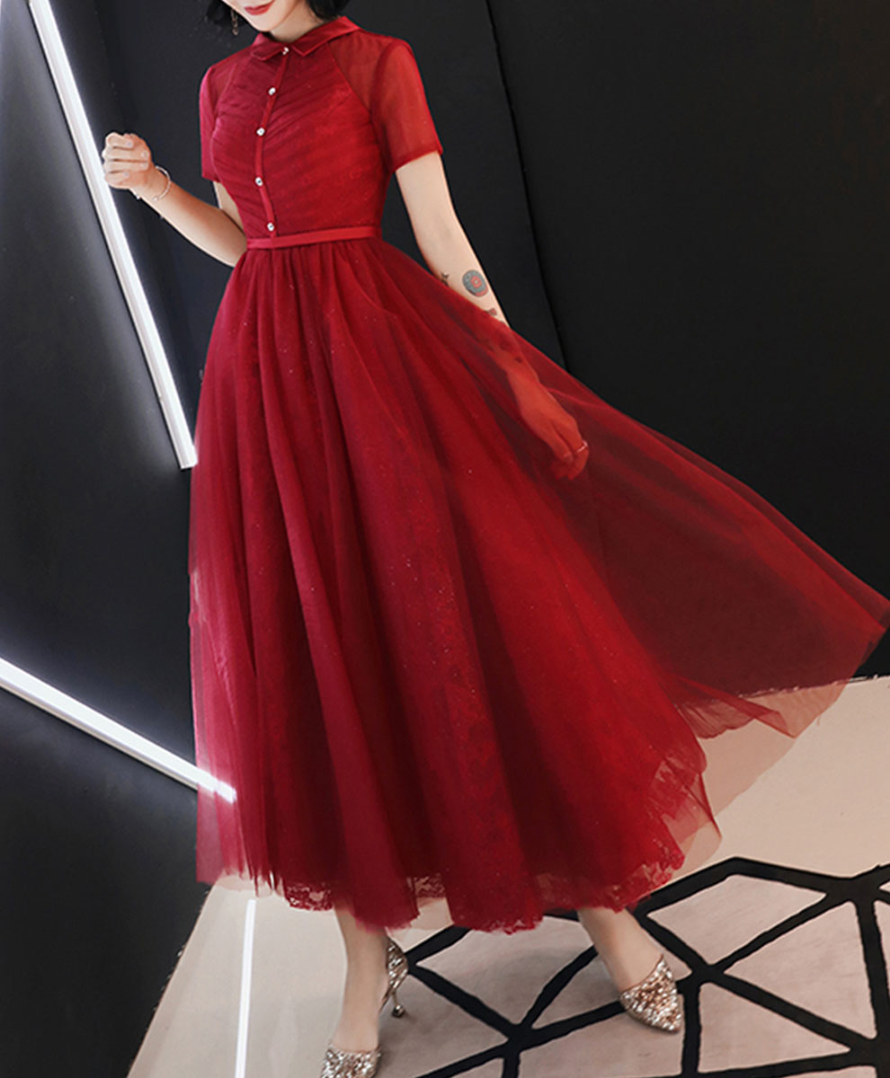 A-Line Peter Pan Collar Floor-Length Tulle Lace Homecoming Dress with Soft Pleated Bodice