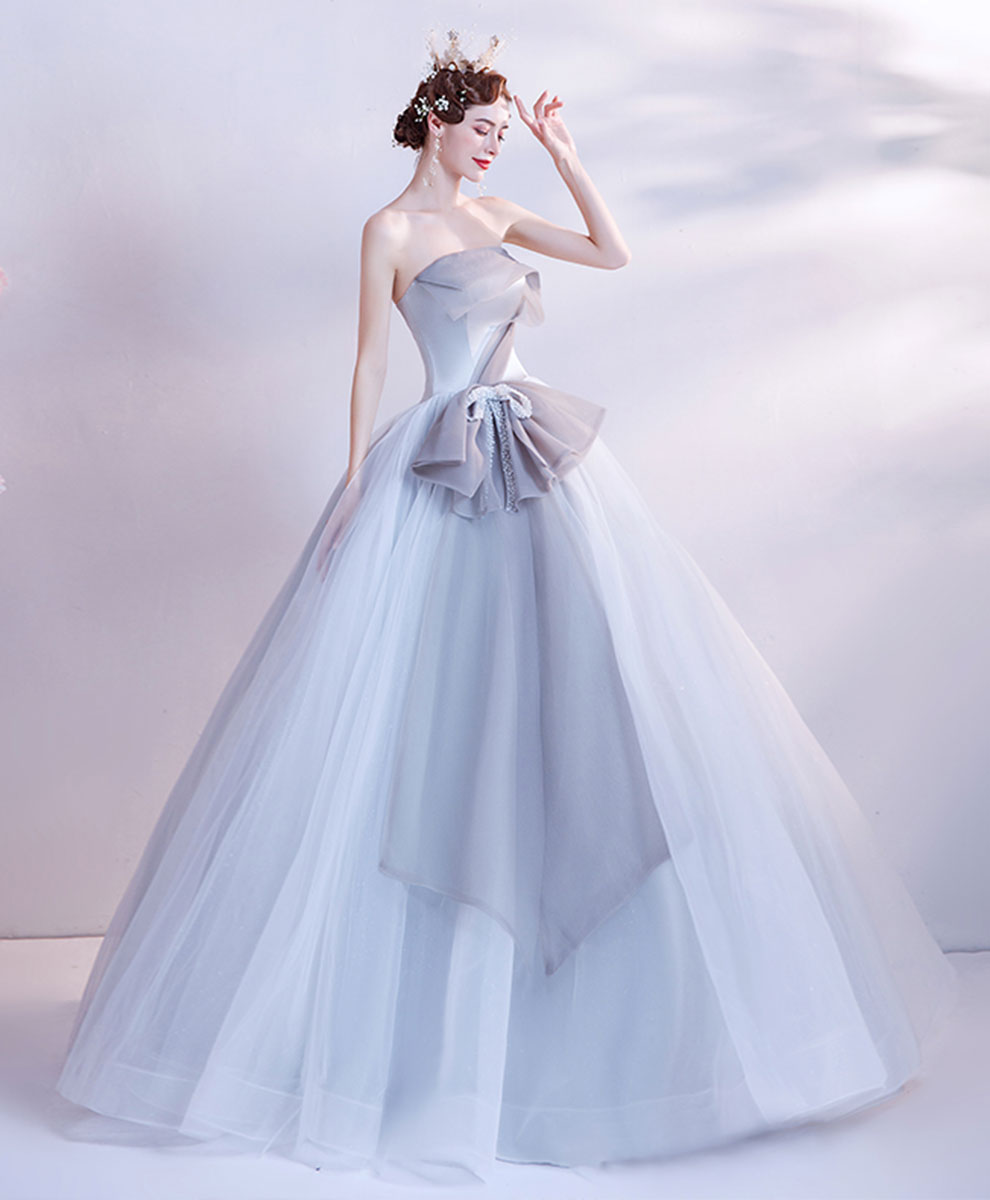 Ball Gown Ice Blue Strapless Floor-Length Tulle Prom Dress with Sculptural Bow Waist Detail