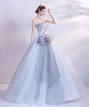 Ball Gown Ice Blue Strapless Floor-Length Tulle Prom Dress with Sculptural Bow Waist Detail