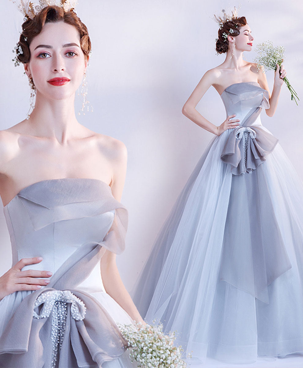 Ball Gown Ice Blue Strapless Floor-Length Tulle Prom Dress with Sculptural Bow Waist Detail