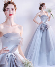 Ball Gown Ice Blue Strapless Floor-Length Tulle Prom Dress with Sculptural Bow Waist Detail