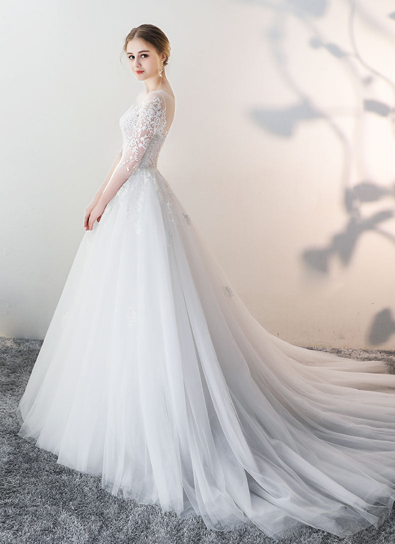 A-Line Illusion Round Neck Lace Wedding Dresses with Long Sleeves Soft Tulle Skirt and Chapel Train