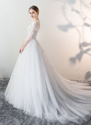 A-Line Illusion Round Neck Lace Wedding Dresses with Long Sleeves Soft Tulle Skirt and Chapel Train