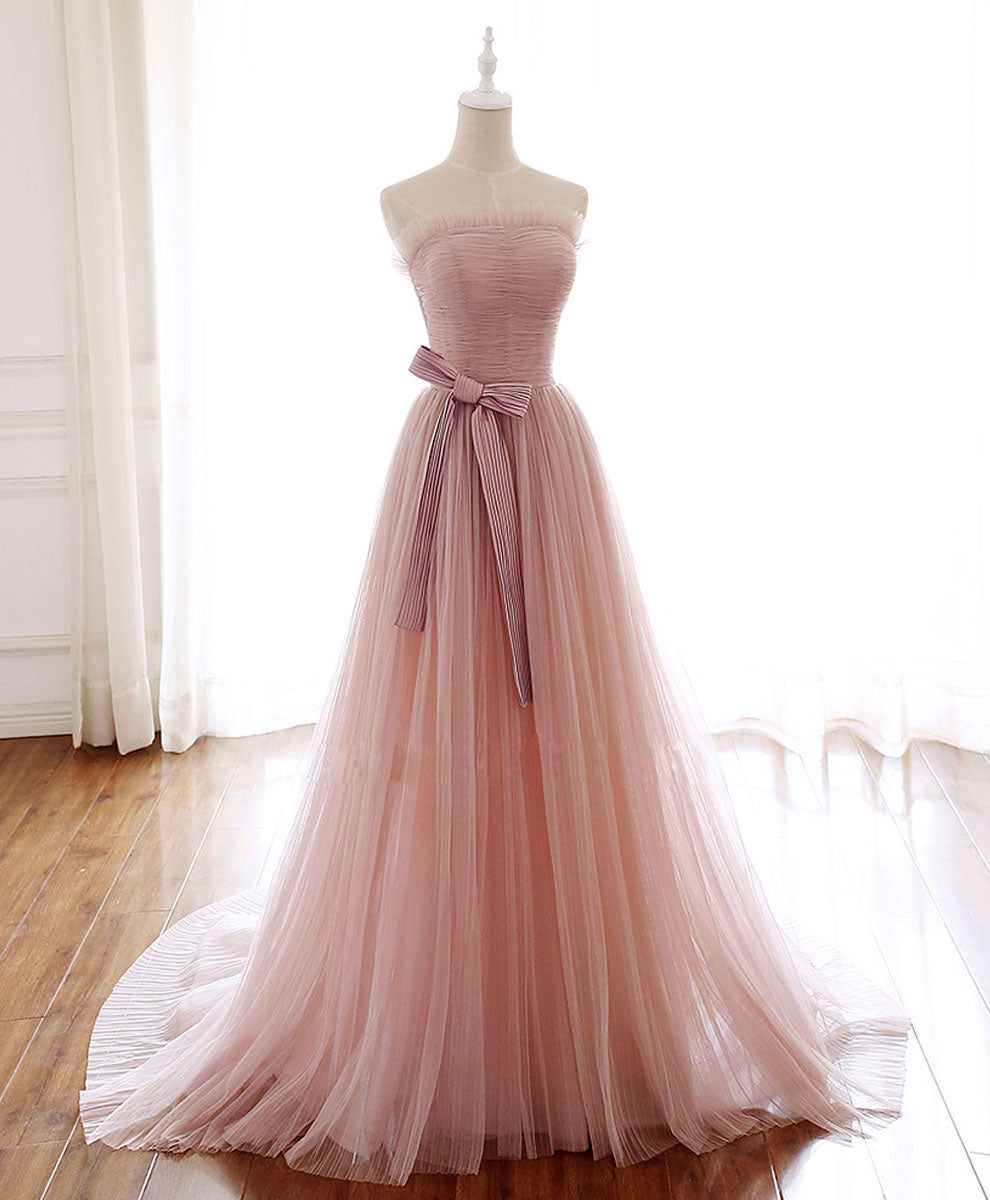 A-Line Strapless Floor-Length Blush Pink Tulle Prom Dress with Waist Bow Detail