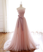 A-Line Strapless Floor-Length Blush Pink Tulle Prom Dress with Waist Bow Detail