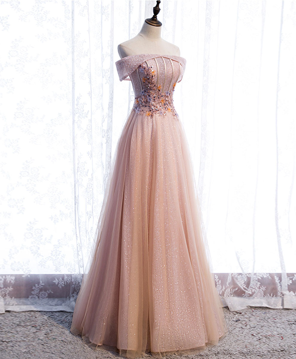 A-Line Off-the-Shoulder Floor-Length Blush Tulle Lace Prom Dress with Floral Appliqué